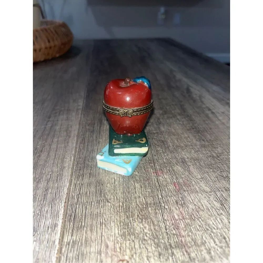 Vintage Porcelain Mini Hinged Trinket Box Apple On Books Teacher 2.25”